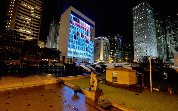 Memorial Garden with the night view of High  Block as backdrop